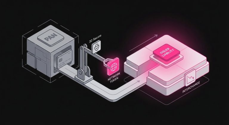 Conceptual image of PAN replacement with network tokens and 3D Secure shifting e-commerce liability back to the issuer.