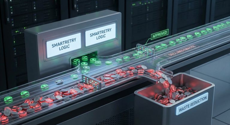 Realistic depiction of improved approval outcomes from SmartRetry using network decline codes and intelligent retry logic.