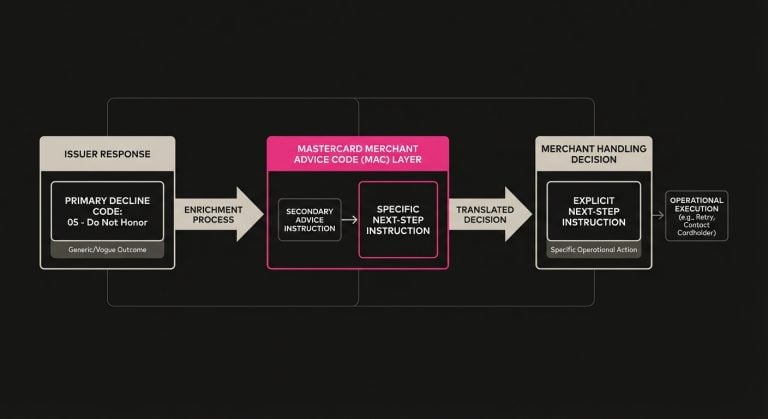 Diagram showing a Mastercard issuer response where a Do Not Honor decline is paired with a Merchant Advice Code to guide the merchant's next step.