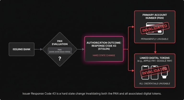 Diagram of Issuer Response Code 43 showing a PAN flagged by the issuing bank and linked digital tokens becoming invalid.