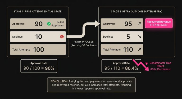 Diagram showing how a retry recovers revenue but lowers the reported approval rate by increasing total authorization attempts.