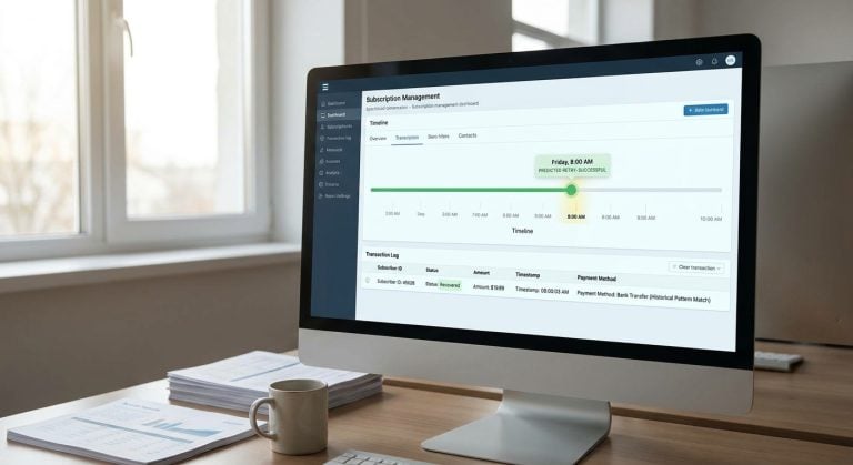 Realistic depiction of a subscription billing renewal recovered through predictive retry timing based on historical clearing patterns.
