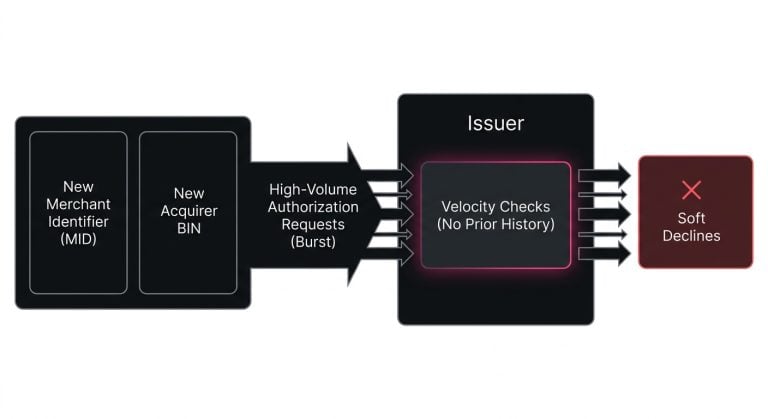 Diagram of a new merchant identifier and Acquirer BIN combination producing high-volume authorization requests that trigger issuer velocity checks and soft declines.