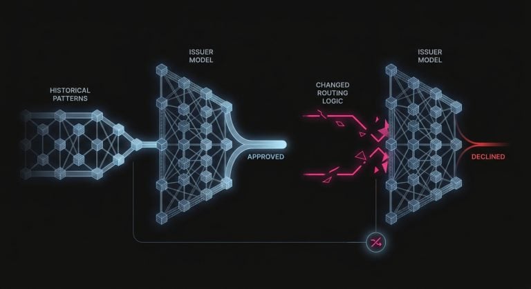 Concept showing payment routing logic being evaluated by issuing bank machine learning models against historical patterns, affecting approval decisions.