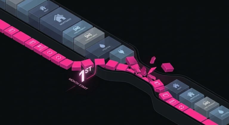 Conceptual image showing recurring billing colliding with rent, mortgage, car payment, and utility debits to create a liquidity trough.