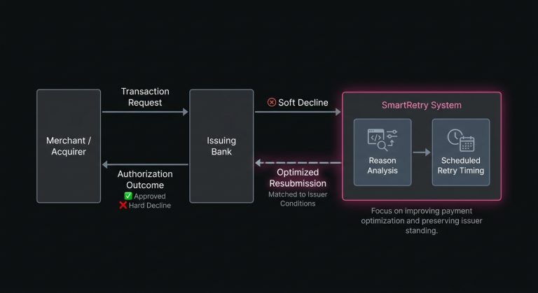 Diagram of SmartRetry recovery flow from soft decline analysis to a better-timed retry with issuing banks.