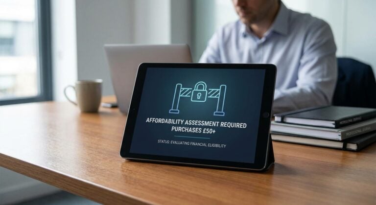 Realistic representation of short-term, interest-free credit being evaluated under traditional consumer credit rules with affordability checks from £50 upward.
