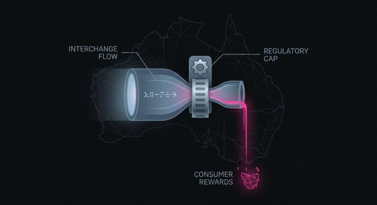 Conceptual view of Australian interchange fee caps constraining the revenue that supports credit card rewards programs.