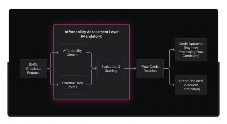 Diagram of Buy Now Pay Later payment processing flow with affordability checks and external data points before a credit decision.