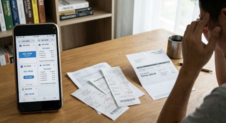 Realistic representation of the fragmented repayment burden created when BNPL users accumulate five or more purchases across various apps instead of one traditional credit card balance.