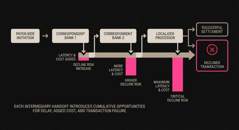 Diagram of a historical cross-border payment chain involving correspondent banks and localized processors, showing how each hop increases latency, cost, and decline risk.