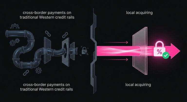 Conceptual comparison of cross-border payments on traditional Western credit rails versus local acquiring and their effect on authorization rates.