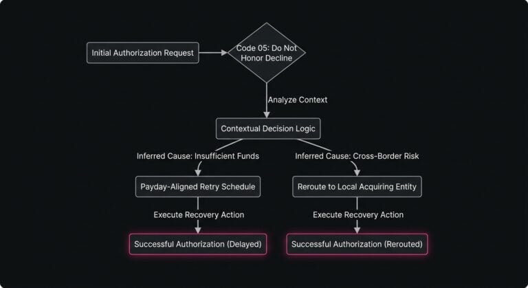 Diagram of context-based recovery options after a code 05 Do Not Honor decline, including delayed retry and local acquiring reroute.