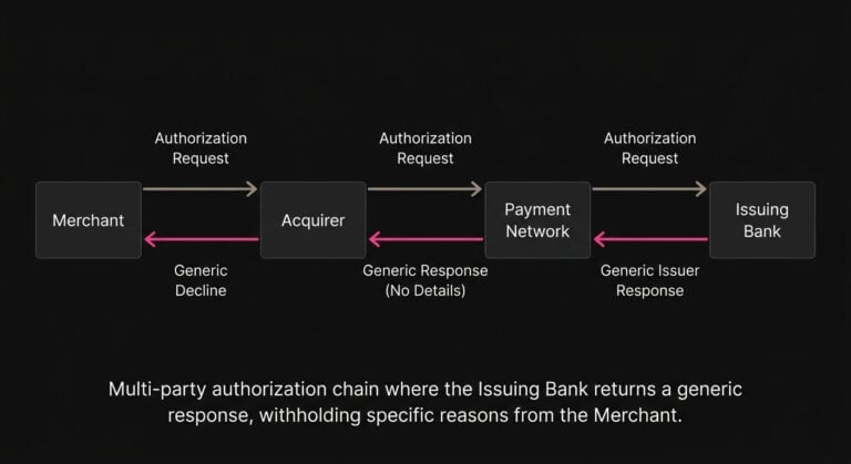 Diagram of the payment processing flow ending with the issuing bank sending a generic issuer response that appears as a generic decline.