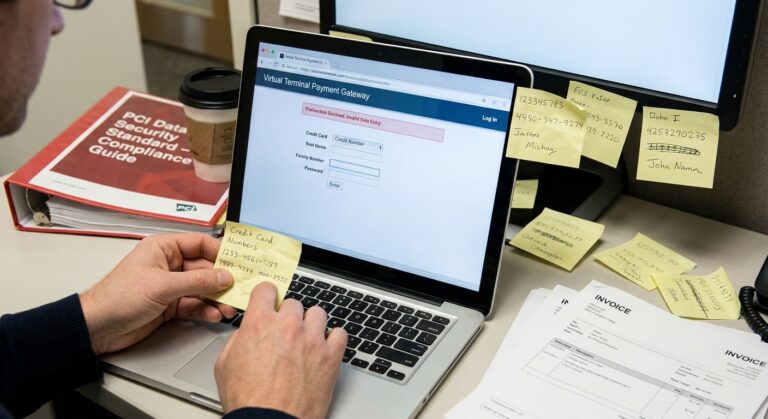 Realistic depiction of a manually keyed payment environment in a compromised state because card details are handled on sticky notes rather than solely within a virtual terminal.