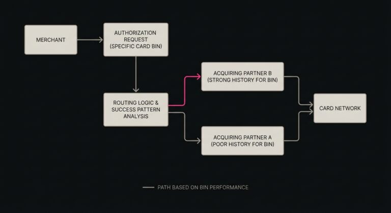 Diagram of a merchant routing an authorization request through multiple acquirers based on historical success for a specific card BIN.