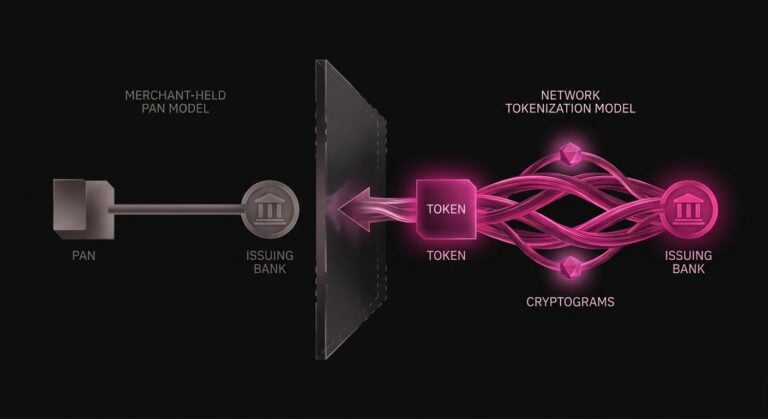 Conceptual view of network tokenization replacing PAN-based storage with issuer-connected credentials and transaction cryptograms.