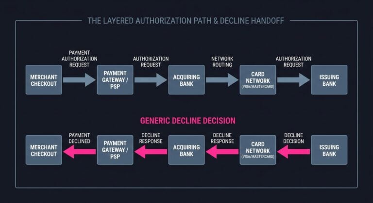 Diagram of a payment authorization request moving from checkout through gateway, acquirer, card network, and issuing bank before the response returns.