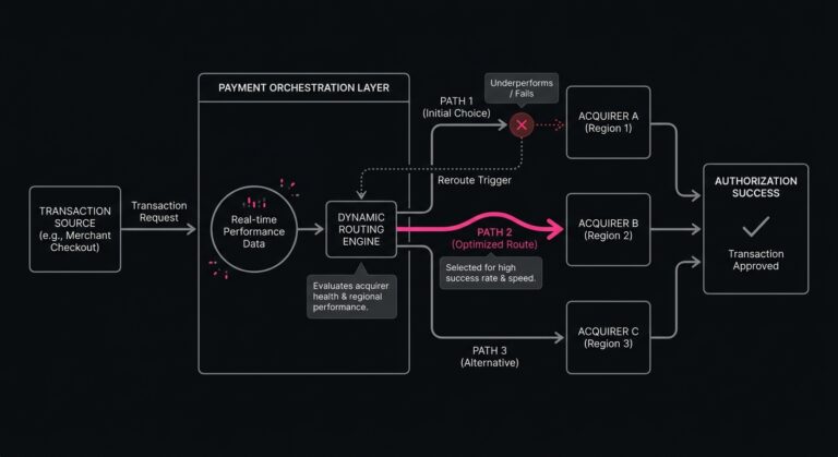 Diagram of payment orchestration dynamically routing transactions across multiple acquirers and geographic regions using real-time performance data.