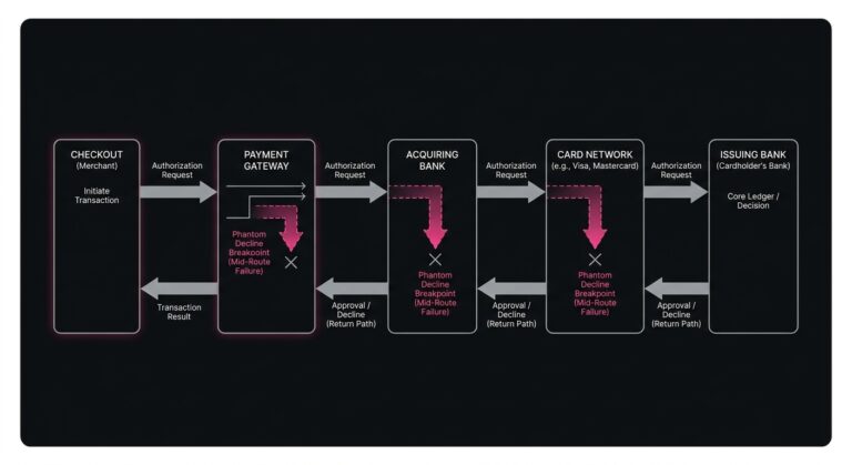 Diagram of a payment authorization moving through gateway, acquirer, card network, and issuer, highlighting where a phantom decline can occur before reaching the bank.