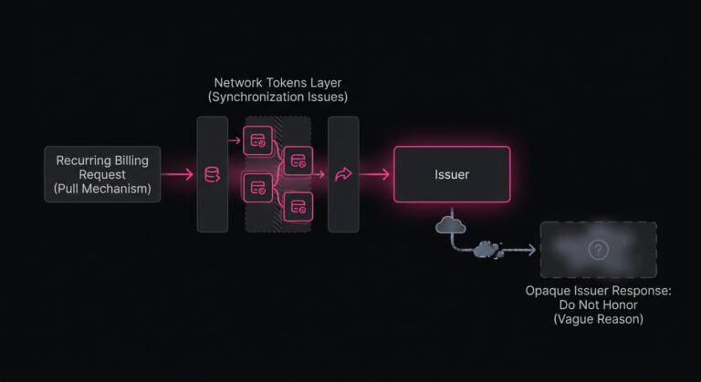 Diagram of a subscription billing pull mechanism involving issuer review, network tokens, and a Do Not Honor response.