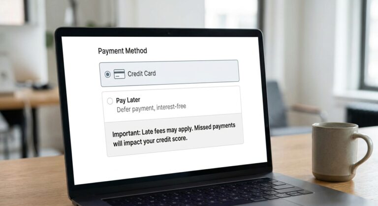 Realistic checkout state showing a deferred payment option presented with clear late fee and credit impact warnings rather than as a default choice.
