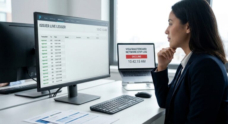 Realistic depiction of a payment record existing in network stand-in processing context while absent from the issuer's live ledger view.