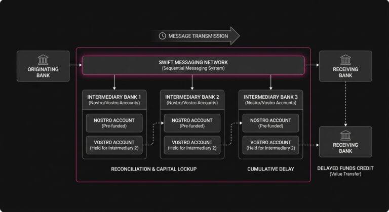 Diagram of Swift's legacy cross-border payment flow through intermediary banks and Nostro and Vostro accounts.