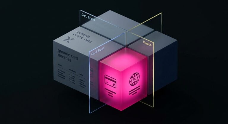 Conceptual image showing generic card declines narrowed by card brand and cross-border transactions from the European Union, highlighting a Visa-heavy failure cohort.
