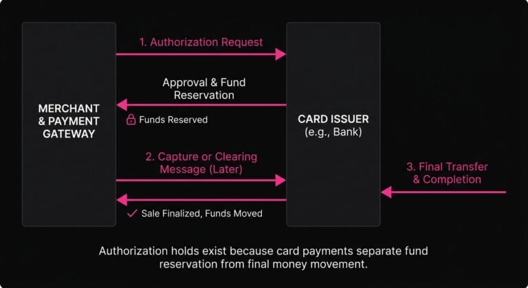 Diagram of a dual-message card payment flow showing authorization request, issuer hold, and later capture or clearing message.
