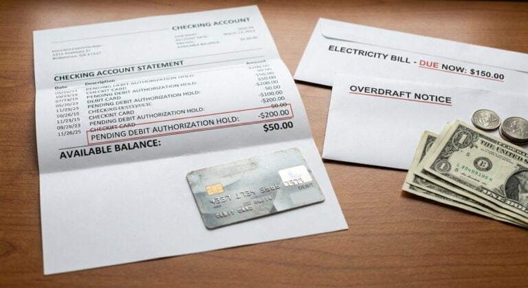 Realistic depiction of reduced available checking account funds caused by a debit authorization hold and the resulting overdraft risk.