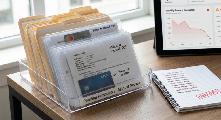 Realistic depiction of unresolved declined card cases piling up against customer profiles, leading to involuntary churn.