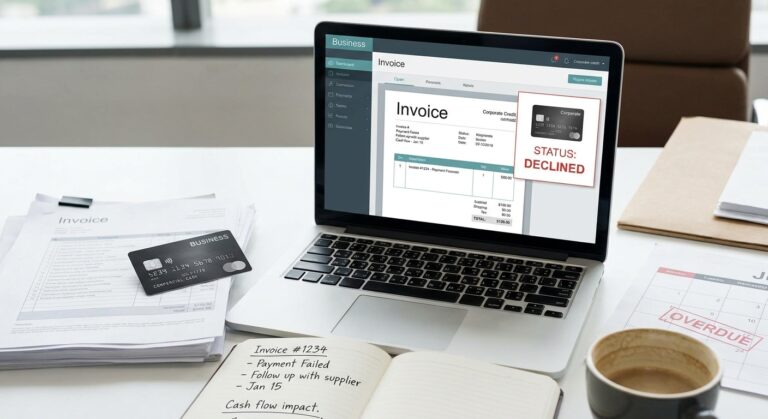 Realistic representation of an unresolved digital invoice after a commercial credit card returns a card declined response, resulting in delayed cash flow.