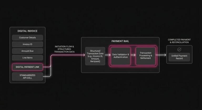 Diagram of a digital invoice connecting into the payment rail through a digital payment link or standardized API call with transaction data carried forward.