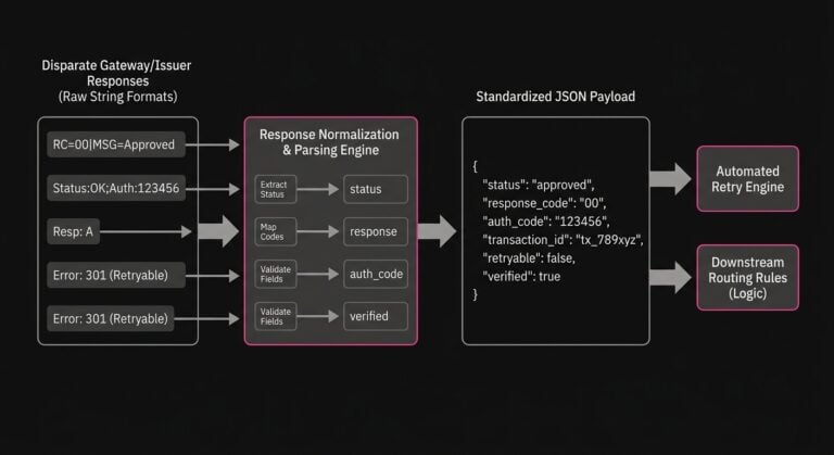 Diagram illustrating the ingestion and standardization of raw issuer responses into structured JSON for automated retry engines