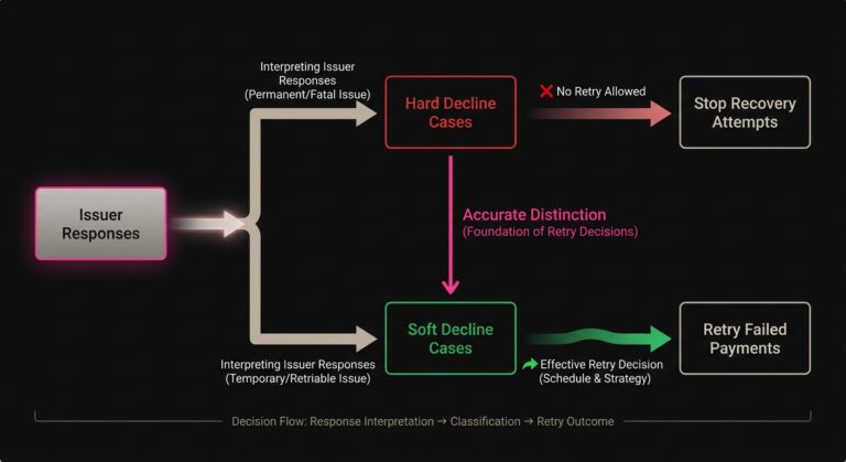 Diagram showing how issuer responses are classified into hard decline or soft decline to guide retry failed payments logic.
