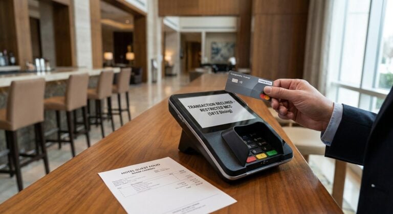 Realistic depiction of a travel virtual card payment state where a resort routes the charge through a dining terminal instead of a lodging terminal, causing rejection.