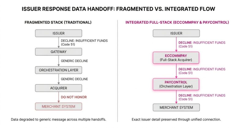 Diagram comparing fragmented payment processing flow that reduces issuer decline detail to Do Not Honor with unified Ecommpay full-stack acquiring connected to PayControl preserving exact issuer responses.