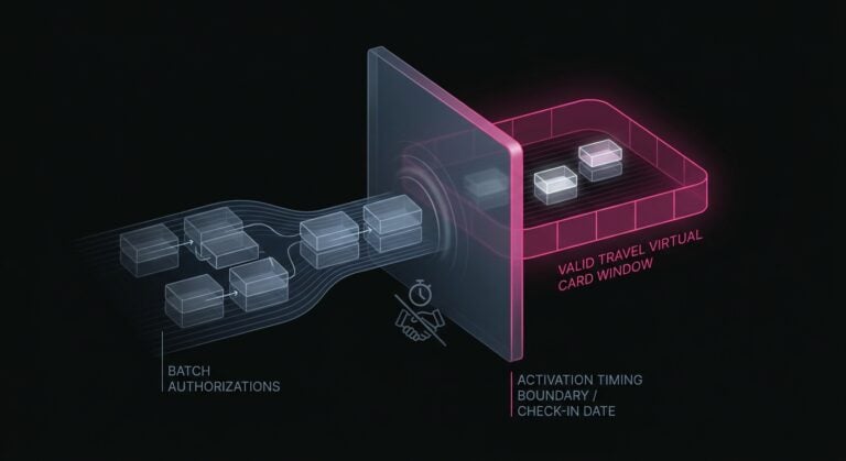 Conceptual representation of a hotel batch authorization arriving before a virtual card's check-in activation window, causing a preventable decline.