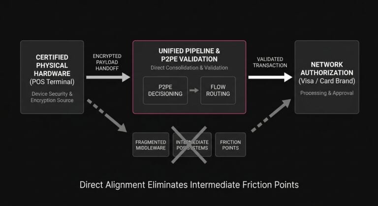 Diagram illustrating direct integration between physical terminal encryption and network payment processing flow.