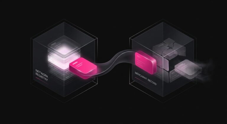 Conceptual visualization of account updater card credential synchronization across network databases.