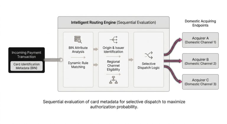 Diagram illustrating dynamic payment routing logic mapping specific card BINs to optimal acquiring banks.