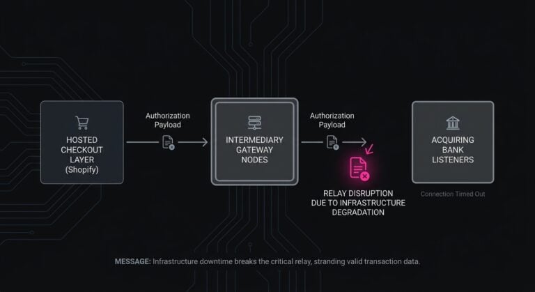 Diagram illustrating transaction data transmission failure along the communication chain between Shopify, payment gateways, and acquiring banks