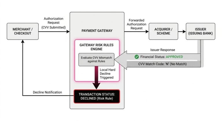 Diagram illustrating how payment gateways evaluate CVV match codes and trigger hard declines independently of issuer financial approval.