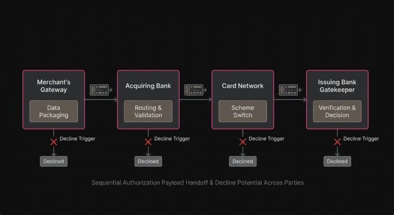 Diagram illustrating the multi-party sequence of a payment authorization request from merchant gateway to issuing bank.