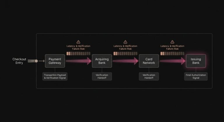 Diagram illustrating the multi-hop payment processing flow from gateway to acquiring bank, network, and issuing bank.