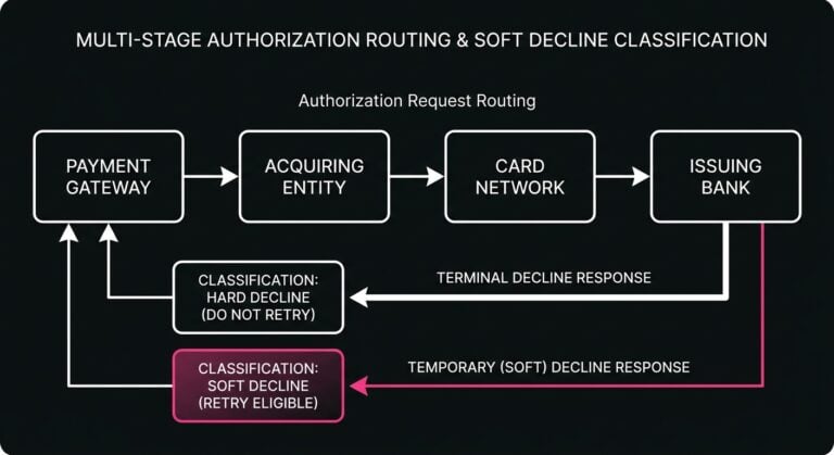 Diagram illustrating recurring transaction routing across gateway, card network, and issuing bank with decline classification.