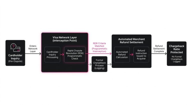 Diagram illustrating network-level inquiry interception and automated refund settlement through Visa Rapid Dispute Resolution.