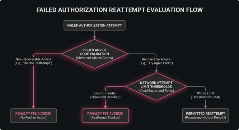 Diagram illustrating payment retry routing filtered by card network limits and Merchant Advice Codes to avoid penalty fees.