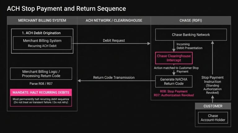 Diagram illustrating the routing sequence of a Chase ACH stop payment order returning code R08 to merchant billing logic.